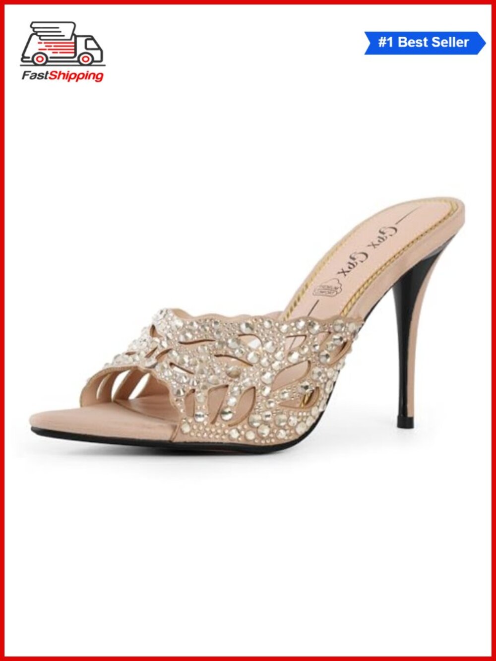 New Women Stiletto Mules High Heel Faux Leather Rhinestone Cutout Open Toe Slip